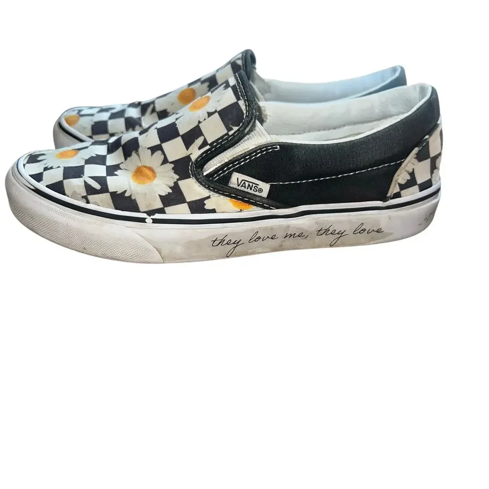 Black White Checkered Vans with Daisy Print Size 7